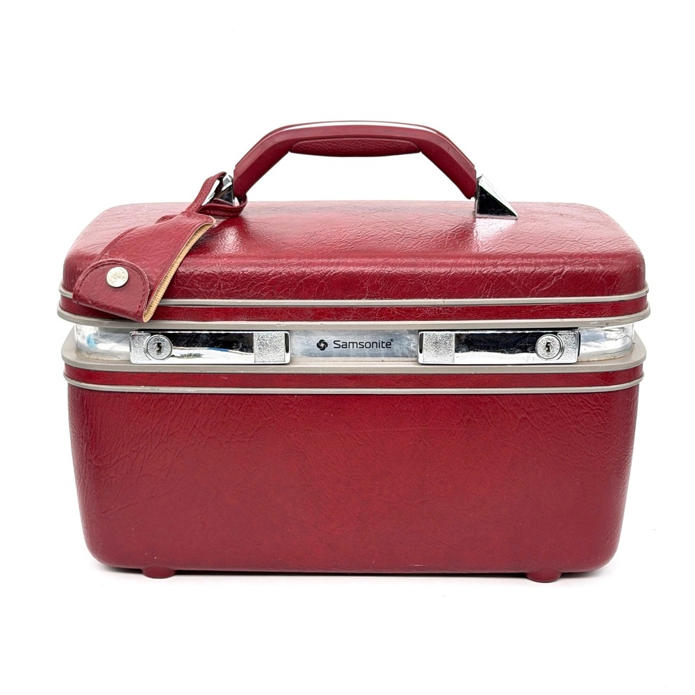 Vintage Samsonite Train Case Burgundy Red Hard Shell Cosmetic Makeup Travel Bag